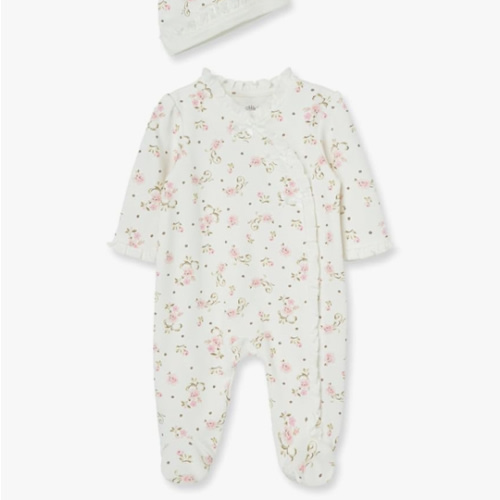 Little Me Clothes for Baby Girls 100% Cotton Scratch-Free Tag Footed One-Piece Romper and Hat Sleeper Set Preemie to 9 Months