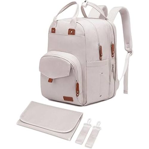 Large Diaper Bag Backpack for Two Kids Twins - Expandable Baby Bag (26-36L), Dual Big Compartments - Includes Changing Pad & Stroller Straps, Unisex Beige