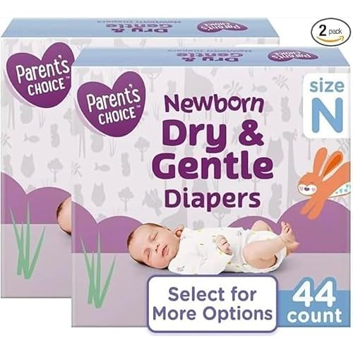 Parents Choice Dry & Gentle Diapers Size NB, 44 Count Pack of 2, Newborn, White