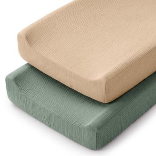 Comfy Cubs Muslin Fitted Changing Pad Cover - Soft, Breathable, Washable 100% Cotton for Comfort - Universal Fit (2 Pack, Fern and Cream)
