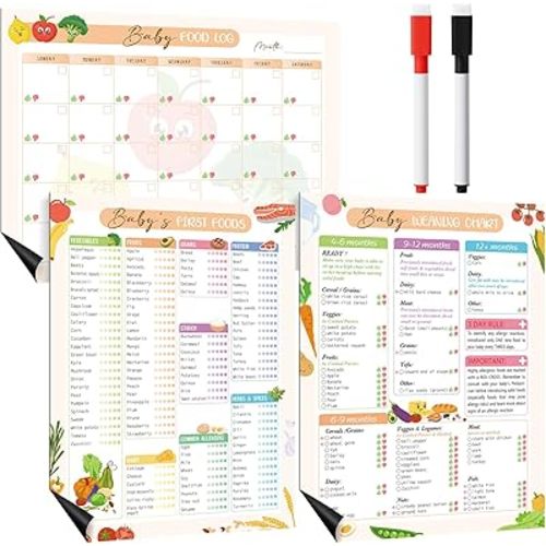 Pasimy 3 Pcs Baby's First Food Tracker Magnet Weaning Chart 11"x14" Baby Food Log Checklist Daily Meal Planner Journal with 2 Dry-Erase Markers 6 to 12 Months Newborn Fridge Recipes List Essentials