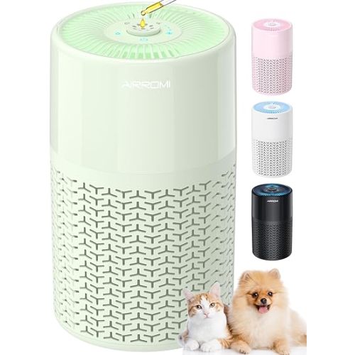 AIRROMI Pets Air Purifier for Home Allergies,Up to 660 ft².Yellow Deodorizing Activated Carbon Filter,With Fragrance Sponge for Better Sleep,Night Light,Pet Dander,Smoke,Odors,Air Cleaner A2002 White