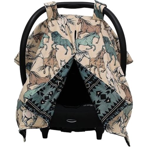 Dear Baby Gear - Baby Car Seat Canopy - Infant Car Seats Covers - Carseat Canopies for Boys and Girls - Toddler Carseat Cover with Snap Opening 40"x30" (Tan Teal Cream Horses Natural - Aztec Teal)