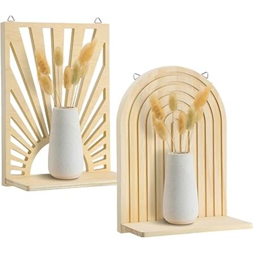 Tatuo 2 Pieces Boho Wooden Rainbow Wall Shelves Bohemian Hanging Shelf Wall Mount Book Shelf for Living Room Bathroom Bedroom Classroom Office Nursery Wall Decor (Boho Sun)