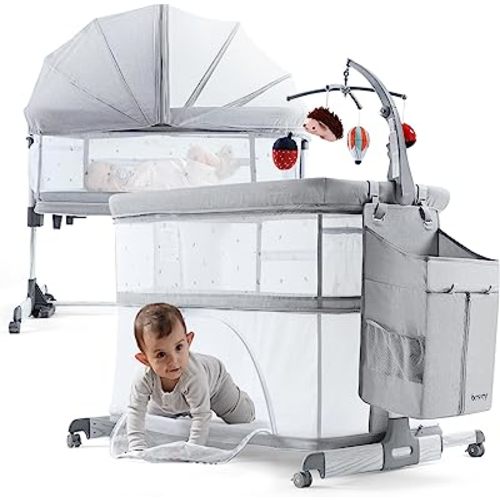 besrey 5 in 1 Baby Bassinet Bedside Sleeper, Playpen with Bassinet & Baby Cradle, Adjustable Bedside Crib for Newborn Infant with Mobile Toy Hanger, Hanging Diaper Bag, Mosquito Net, Mattress