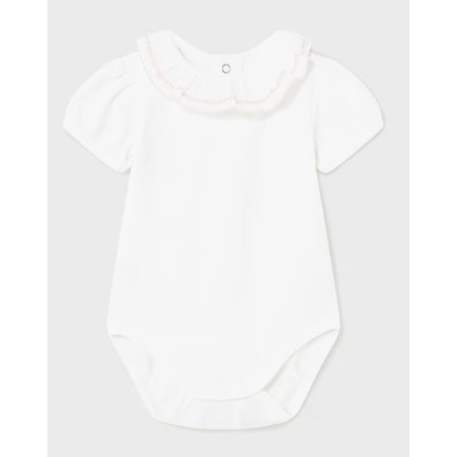 White Onesie with Pink Ruffle Neck