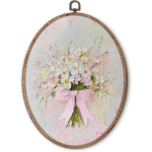 Vintage Pink Bow Floral Bouquet Oval Wall Art Framed, White Floral Oval Wall Decor, Vintage Flower Hanging Canvas Prints Wall Sculptures for Bedroom Living Room Decor, 8.5x11.5 Inch