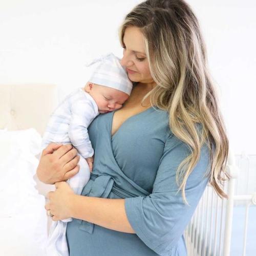 Solid Dusty Blue Knit Maternity Robe | Caden Lane