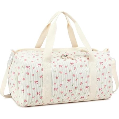 BTOOP Duffle Bag for Girls, Kids and Teens, Cute Dance and Gym Bag with Shoe Compartment, Wet Pocket and Trolley Sleeve, 23L Water-Resistant Pink Bow Floral Design for Sports and Overnight Travel