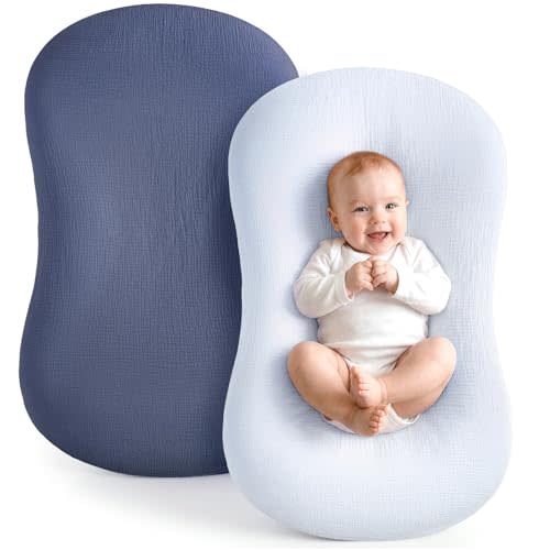 Termichy Baby Lounger Covers Muslin: Soft and Breathable Slipcover for Snuggle Me Lounger - Machine Washable & Zipper-Free for Safe Daily Use - Navy & Blue for Boys