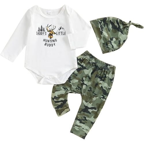 Newborn Baby Boys Long Sleeve Letters Deer Romper Bodysuit Tops Camo Pants with Hat 3 Pcs Outfit Clothes Set
