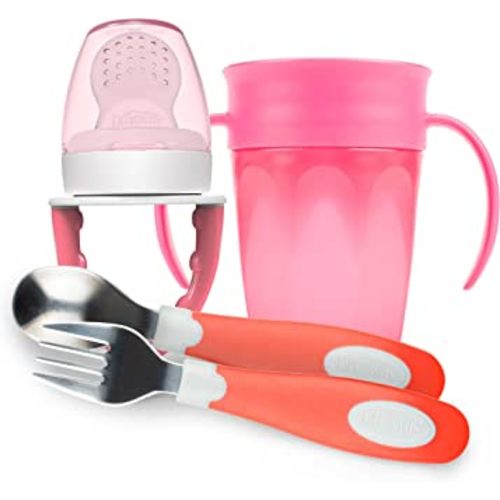 Dr. Brown's Designed to Nourish Fresh Firsts Silicone Feeder, Soft-Grip Spoon and Fork Set and Milestones™ Cheers360™ Training Sippy Cups with Handles for Babies and Toddlers, BPA Free, Pink, 7oz, 6m+