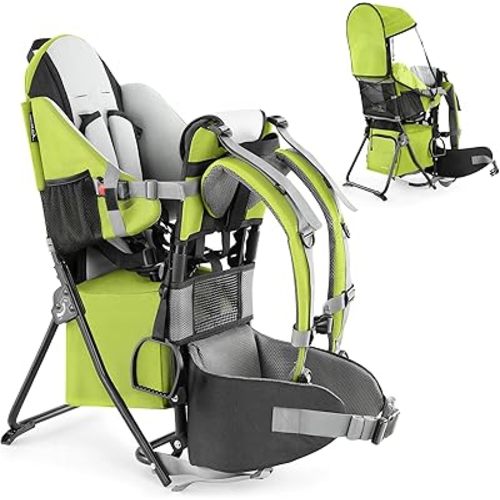 besrey Baby Backpack Carrier, Toddler Hiking Backpack with Safety 3-Height Seat, Adjustable Straps&Waist Belt, Foldable Frame Lightweight Large Capacity Child Carrier for Hiking (Green)