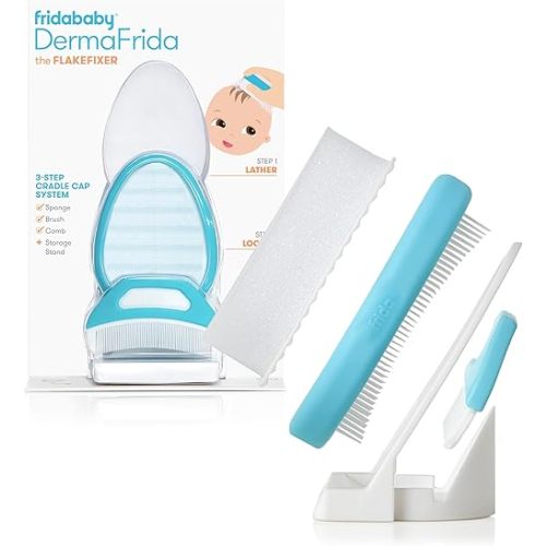 Frida Baby The 3-Step Cradle Cap System, DermaFrida The FlakeFixer, Sponge, Brush, Comb and Storage Stand for Babies with Cradle Cap, White-Blue