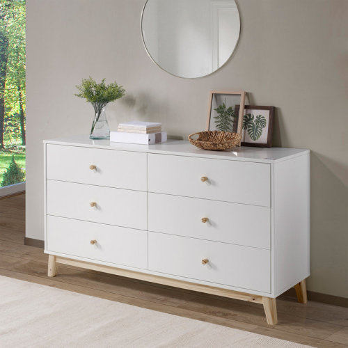 Everly Quinn Sartre 6 Drawer Dresser - MOD 60-Inch Wood Dresser with Neutral Finish and Wooden Drawer Knobs and Legs (White) | Wayfair