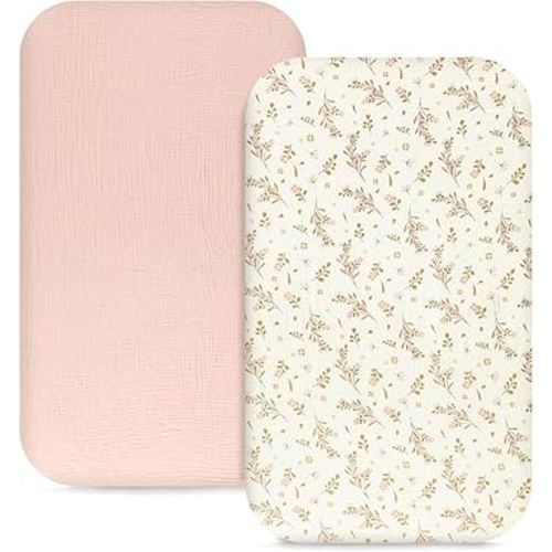 Hooyax Muslin Bassinet Sheets 2 Pack for Baby, Compatible with Bedside Sleeper Bassinet Fitted Sheets for Girls Boys, Ultra Soft and Skin-Friendly (Pink, Flower)
