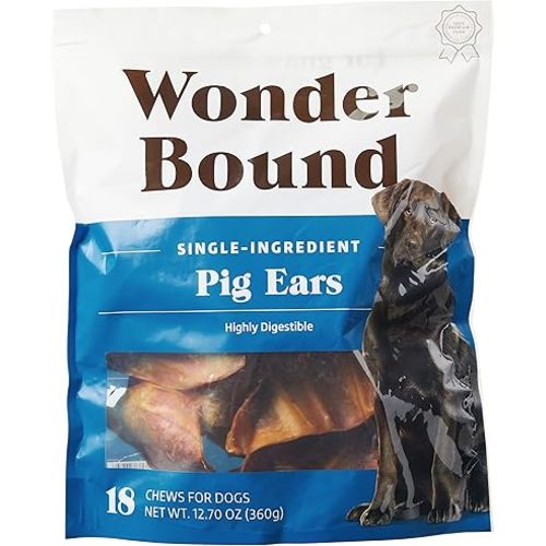 Amazon Brand - Wonder Bound Whole Pig Ears, Single Ingredient, Highly Digestible, Dog Treats for Puppy and Large/Medium Dogs, Pork, 18 count, 12.7 ounce (Pack of 1)