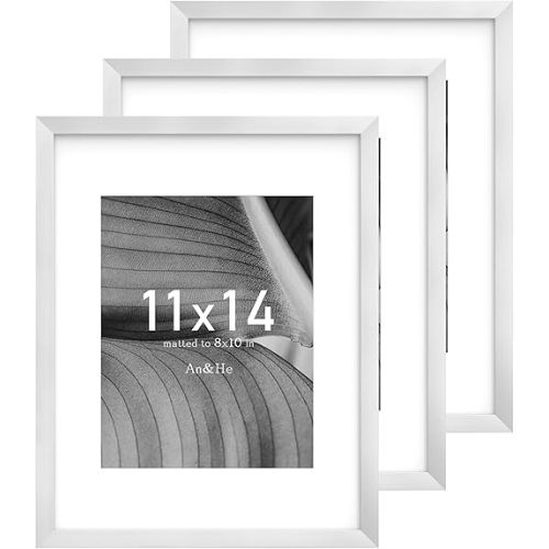 An&He 11x14 Picture Frame, Silver Photo Frame for Tabletop and Wall Display, Minimalist Design, Set of 3