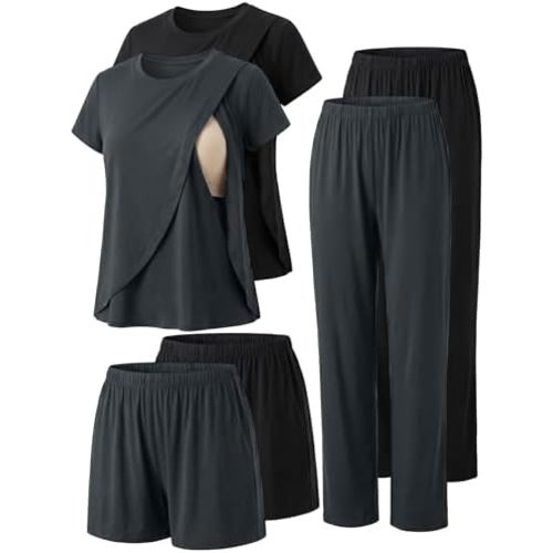 Winvote 6 PCS Maternity Pajamas Nursing 2 Set Postpartum Breastfeeding Short Sleeve Shirts, Pregnancy Shorts & Pants