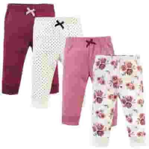 Hudson Baby Girl's Super Soft Cotton Pants 4-Pack, Rose Color, Age: 3-6 Months