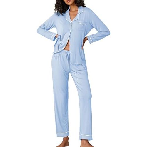 Ekouaer Pajamas Women's Long Sleeve Sleepwear Soft Button Down Loungewear Pjs Lounge Set Nightwear Medium