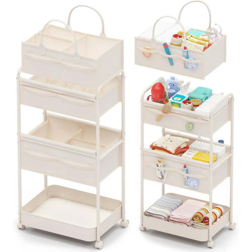 Baby Diaper Caddy, Premium Metal& Felt Movable Cart with Dividers for Newborn Nursery Essentials, Large Capacity Detachable Bedside Cart Organizer for Changing Table &Crib, Easy Assembly- Beige