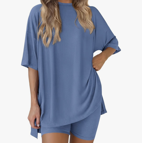 PRETTYGARDEN Women 2 Piece Lounge Set 2026 Summer Casual Oversized Shirts Biker Shorts Matching Airport Travel Outfit Clothes