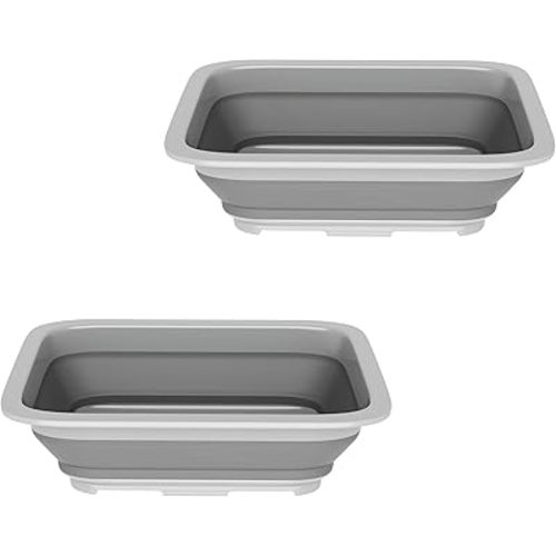 Set of 2 Multipurpose Wash Bins – 10-Liter Basins for Camping, Parties, or Cleaning – Collapsible Bucket Set by Wakeman (Gray)