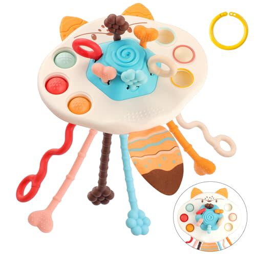 BEBOAN Montessori Pull String Toys Food Grade Silicone Sensory Pulling Toys for Babies 6-12 Months, Airplane Travel Car Stroller Activity Toy Gift for Toddlers Boys Girls 1 2 3 Year Old (Fox Shaped)