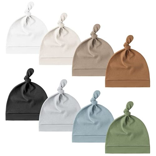 Konssy 8 Pack Baby Newborn Hats Set Knot Beanie Hats Soft for Infant Baby Girls Boys Caps 0-6 Months - White,beige,clay,brown,black,gray,blue,green