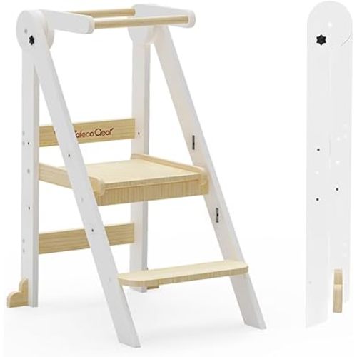 Taleco Gear Foldable Toddler Kitchen Stool Helper, Toddler Tower with 3 Adjustable Height, Wooden Toddler Step Stool, Collapsible Toddler Tower, Toddler Stool for Kitchen and Bathroom