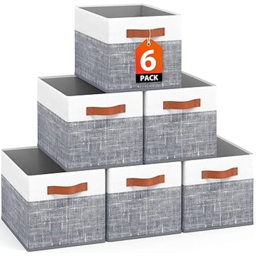 Fab totes Collapsible Storage Baskets for Shelves,14"x10", 6 Pack Foldable Fabric Storage Bins with Double Leather Handles, Large Baskets for Organizing Books, Clothes, White & Grey