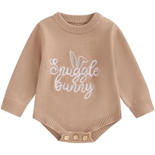 MoZiKQin Baby Girl Boy Easter Outfit Bunny Knitted Sweater Romper Crewneck Long Sleeve Jumpsuit Cute Spring Clothes
