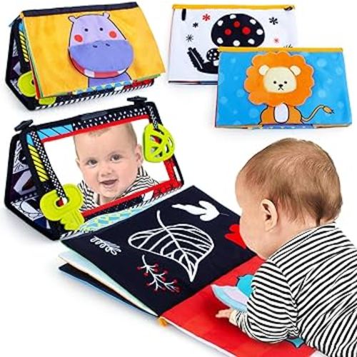 teytoy Tummy Time Mirror Infant Toys 0-3 Months Brain Developmental Baby Mirror Tummy Time Toys with Cloth Book&Teethers,High Contrast Black and White Baby Toys 4 6 9 12 Month Toy