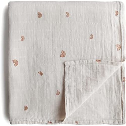 mushie Muslin Baby Swaddle Blanket | 100% Organic Cotton (Rainbows)