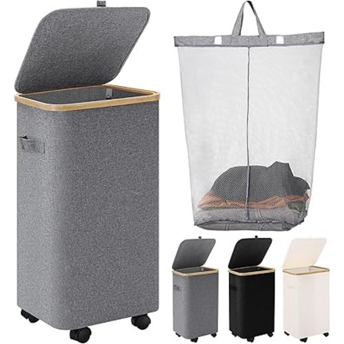 Laundry Hamper with Lid and Wheels,Wheeled Laundry Basket with Handles Foldable Dirty Clothes Hamper Rolling Narrow Laundry Hamper for Bedroom Dorm Laundry Room-75L Grey