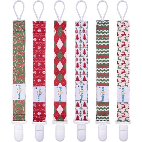 Babygoal Christmas Pacifier Clips, 6 Pack Binky Paci Holder and Leash for Boys and Girls Fits for Most Pacifier, Binkie Styles & Baby Teethers & Toys and Xmas Gift 6PB19