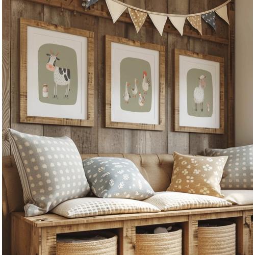 Sage green nursery wall art, farm nursery decor, set of 3 square farm animals prints, gender neutral nursery, new baby gift, childs bedroom