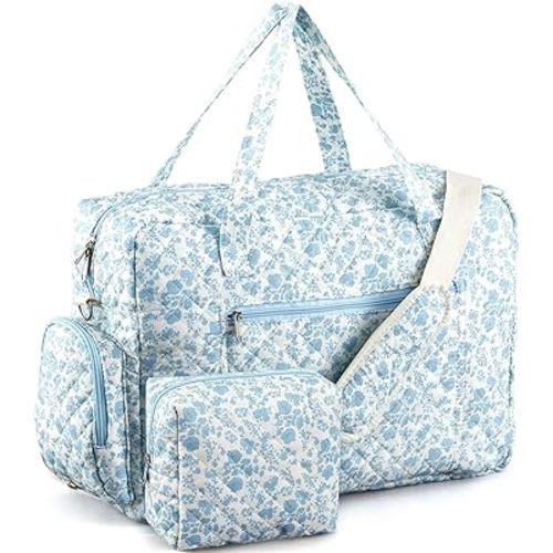 Abbylike 2 Pcs Quilted Duffle Bag Coquette Floral Duffle Bag with Makeup pouch Quilted Weekender Diaper tote with Shoe Compartment for Women Travel