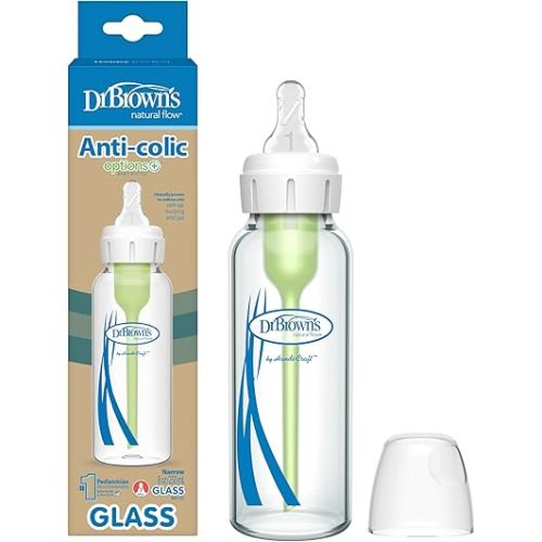 Dr. Brown's Natural Flow Anti-Colic Options+ Narrow Glass Baby Bottle, 8 oz/250 mL, with Level 1 Slow Flow Nipple, 1 Pack, 0m+