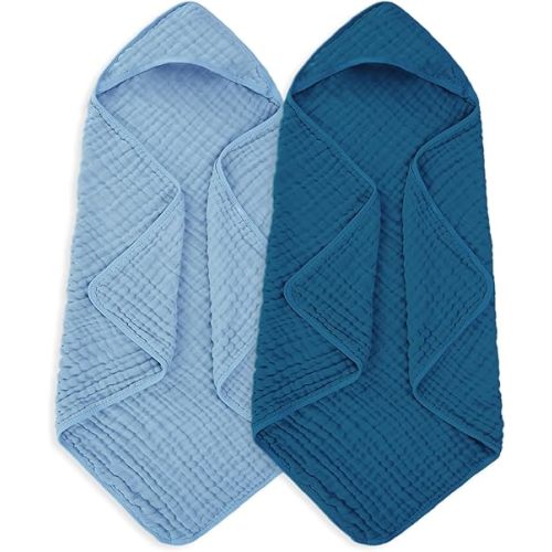Muslin Hooded Baby Towels 100% Cotton ,Super Soft Muslin Baby Bath Towel - 32 x 32 Inches, Suitable for Newborn and Young Children up to 3 Years Old. (Light Blue & Dark Blue)