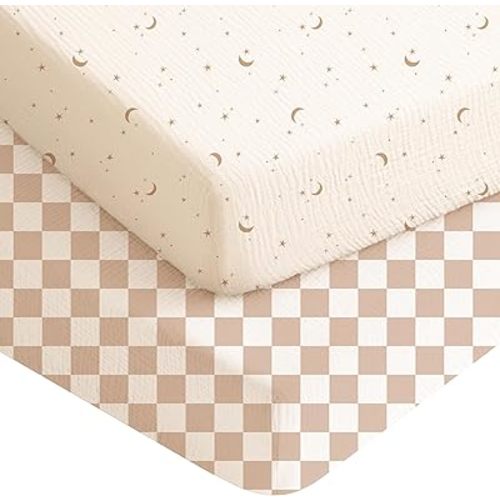 Konssy Muslin Crib Sheets for Boys, Soft Cotton Neutral Baby Sheets for Standard Crib Mattress 2 Pack, 52"x28" (Coffee Check,Moon)