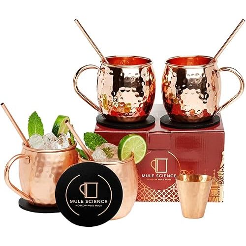 Advanced Mixology [Gift Set] Mule Science Moscow Mule Mugs Set of 4 (19 oz. large size) | 100% Handcrafted | Food Safe | Copper Mugs w/Accessories | Tarnish Resistant Copper Cups
