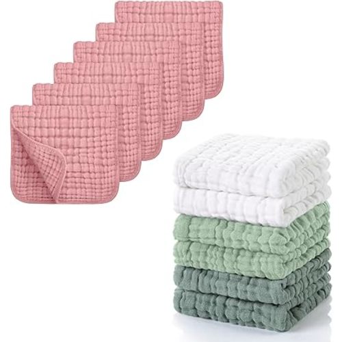 Looxii Muslin Burp Cloths 6 Pack 20x10 in & 6 Pcs Muslin Baby Washcloths 12x12 in