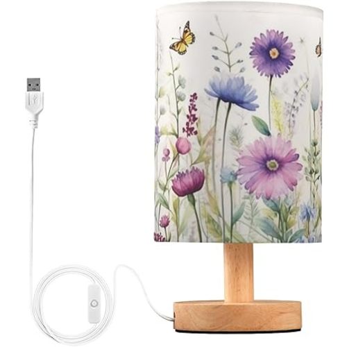 Kigai Wild Flowers Bedside Table Lamp,Nightstand Lamp with USB Ports Bedside Lamp for Living Room Bedroom Home Office