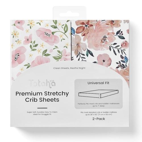 TotAha Premium Stretchy Crib Sheets (2-Pack)-Hypoallergenic, Silky Comfort, Buttery Soft, Calming Effect, All-Season Jersey-Knit Sheets, 9'' Extra Deep Pocket(Meredith Allover Floral & Pale Pink)