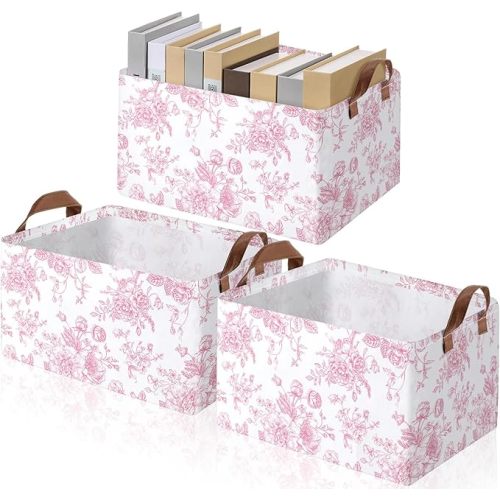 Boao 3 Pcs Pink Floral Foldable Storage Baskets Pink Hydrangea Laundry Basket with Handles Waterproof Storage Bins Fabric Shelf Baskets for Organizing Closet Clothes