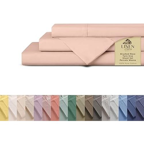Linen Home 100% Cotton Percale Sheets Twin Size, Brushed Rose, Deep Pocket, 3 Pieces Set - 1 Flat, 1 Deep Pocket Fitted Sheet and 1 Pillowcase, Crisp Cool and Strong Bed Linen