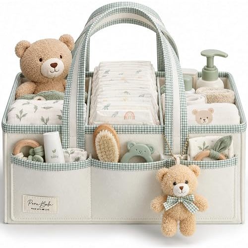 PeraBella XL Diaper Caddy Organizer With Handle, Baby Shower Gifts Basket Bag, Registry Search Must Haves Items, Newborn Girl Boy Nursery Storage Organizer, Baby Bag Essentials, Car Diaper Caddy Cart