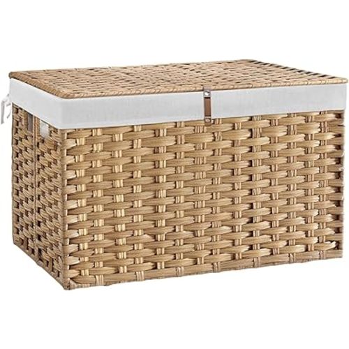 180L Wicker Storage Basket with Lid, Handwoven Rattan Large Shelf Basket with Removable Liner, 47.6 Gallon Wicker Basket for Blanket, Storage Trunk with Handle for Closet, Bedroom, Livingroom, Natural